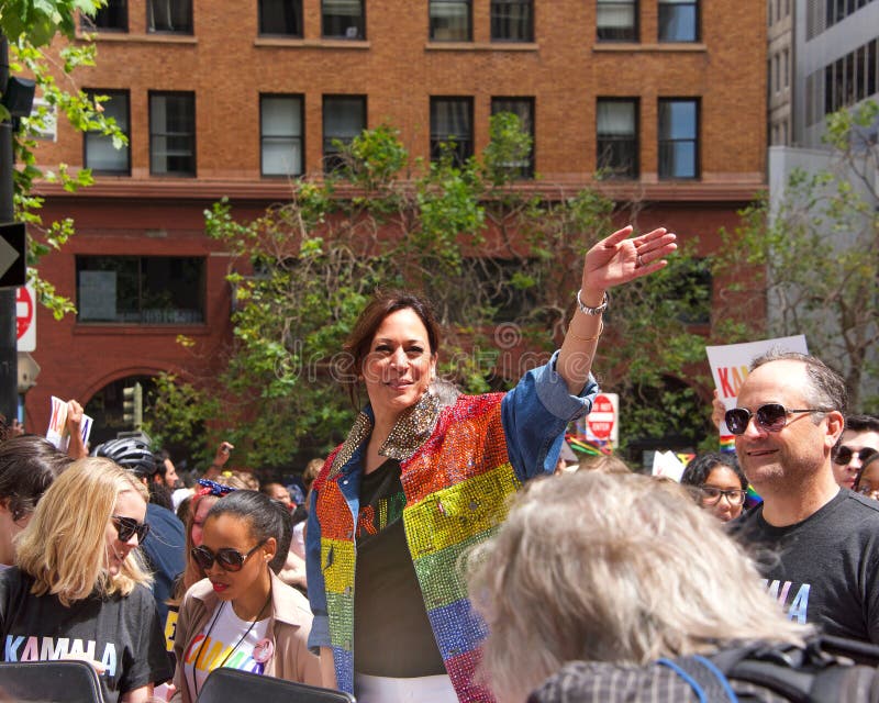 San Francisco, CA - June 30, 2019: Kamala Harris in the 49th annual Gay Pride Parade, one of the oldest and largest LGBTQIA parades in the world, over 200 contingents and more than 100,000 spectators. San Francisco, CA - June 30, 2019: Kamala Harris in the 49th annual Gay Pride Parade, one of the oldest and largest LGBTQIA parades in the world, over 200 contingents and more than 100,000 spectators