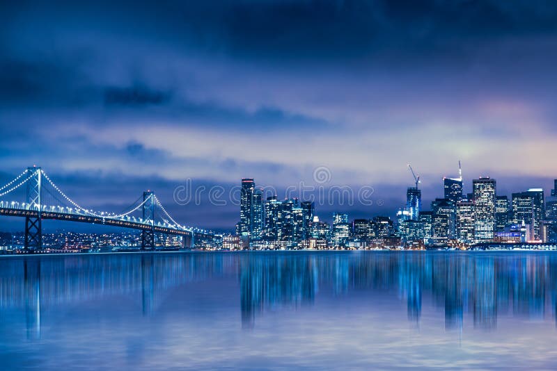 Night view of Beautiful San Francisco skyline and Bay Bridge. Night view of Beautiful San Francisco skyline and Bay Bridge