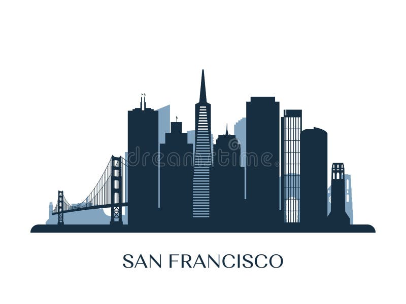 San Fransisco linia horyzontu, monochromatyczna sylwetka ilustracji San Fransisco linia horyzontu, monochromatyczna sylwetka ilustracji