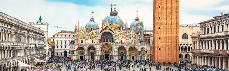 San Marco Square in Venice, Italy. St Mark`s Basilica in the center. It is a top landmark of Venice