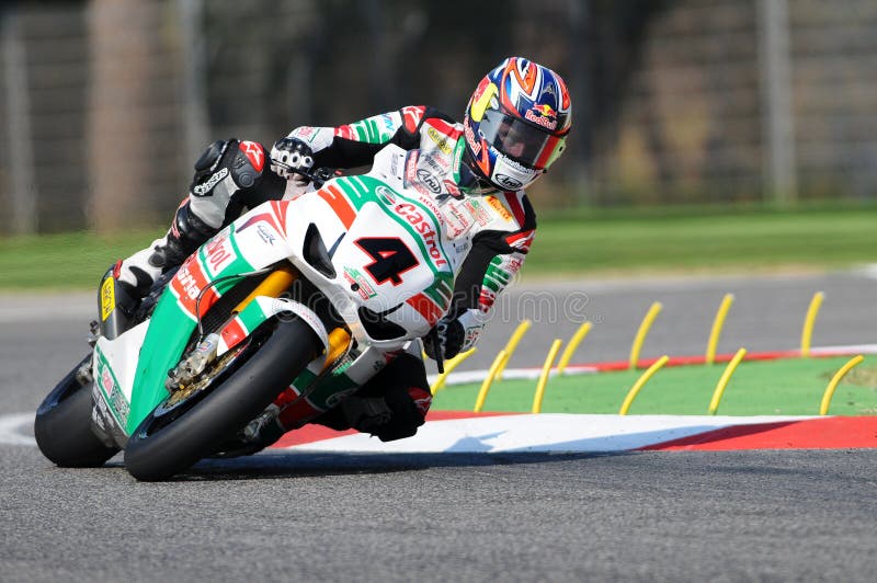 Jonathan Rea GBR Honda CBR1000RR Castrol Honda in action during the Superbike Practice in Imola Circuit stock image Jonathan Rea GBR Honda CBR1000RR Castrol Honda in action during the Superbike Practice in Imola Circuit stock image