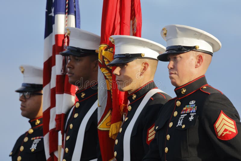 SAN PEDRO, CA - SEPTEMBER 15, 2015: US Marines and Honor Guard at Donald Trump 2016 Republican presidential rally aboard the Battl royalty free stock photos SAN PEDRO, CA - SEPTEMBER 15, 2015: US Marines and Honor Guard at Donald Trump 2016 Republican presidential rally aboard the Battl royalty free stock photos