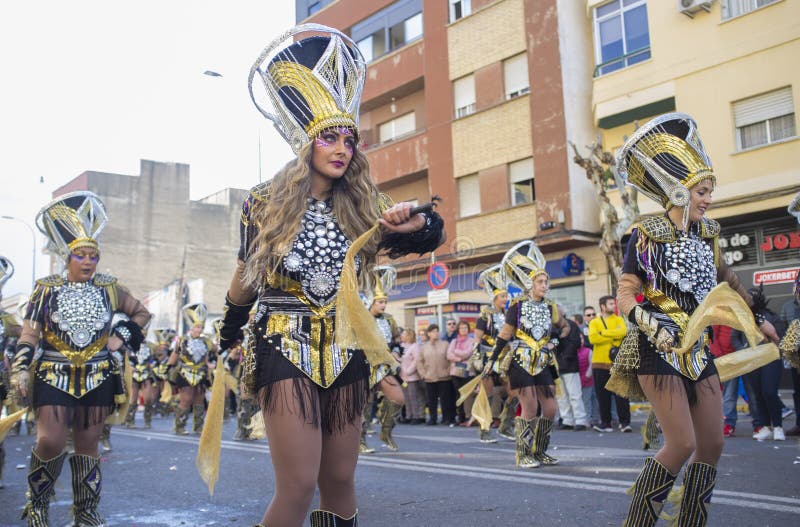 Badajoz, Spain - Feb 13, 2018: San Roque comparsas parade. Badajoz Carnival was recently declared Festivity of International Tourist Interest. Badajoz, Spain - Feb 13, 2018: San Roque comparsas parade. Badajoz Carnival was recently declared Festivity of International Tourist Interest