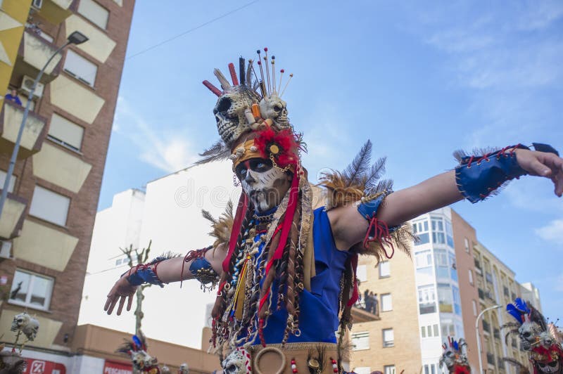 Badajoz, Spain - Feb 13, 2018: San Roque comparsas parade. Badajoz Carnival was recently declared Festivity of International Tourist Interest. Badajoz, Spain - Feb 13, 2018: San Roque comparsas parade. Badajoz Carnival was recently declared Festivity of International Tourist Interest