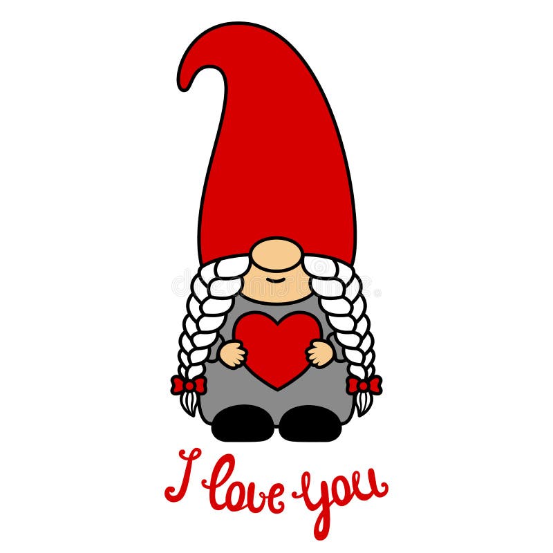  San Valentín Gnome Chica Con Corazón. Frase Te Amo. Tarjeta Vectorial. Estilo De Dibujos Animados Ilustración del Vector