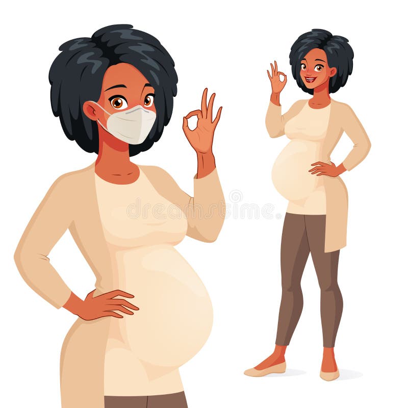 Sana negra embarazada mujer en máscara mostrando ok. carácter vectorial. ilustración del vector