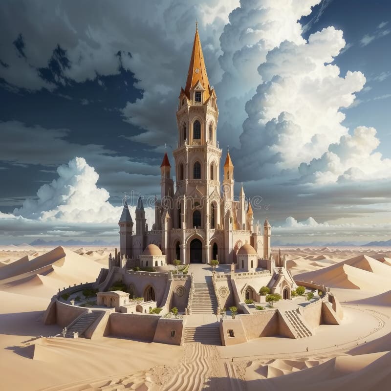 Sand Castle in the Middle of a Desert Generate Ai Stock Illustration