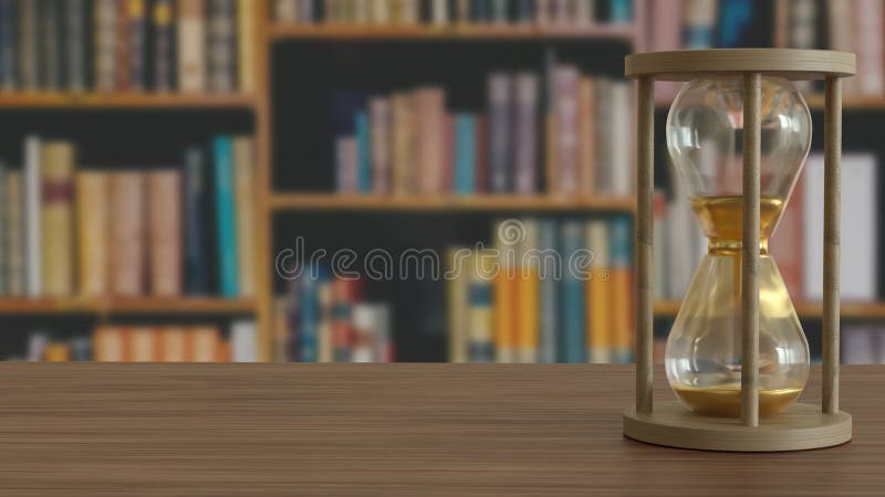 The Sand clock on wood table in library image 3d rendering