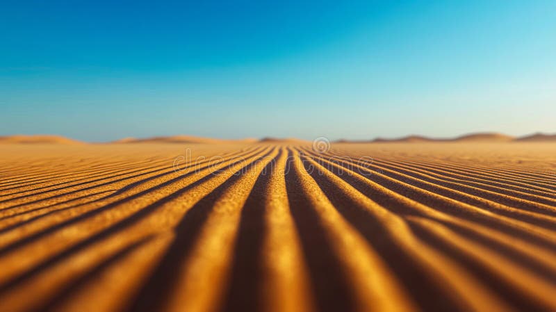 A sand dune in the middle of a desert with a blue sky in the background stock photos