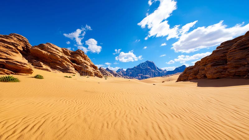 A sand dune in the middle of a desert with mountains in the background stock image