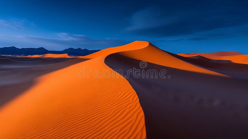 A sand dune in the middle of a desert with mountains in the background royalty free stock photo