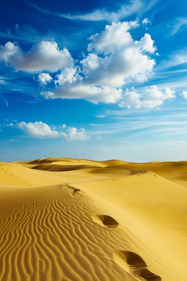 A sand dune in the middle of a desert under a blue sky with clouds stock photos