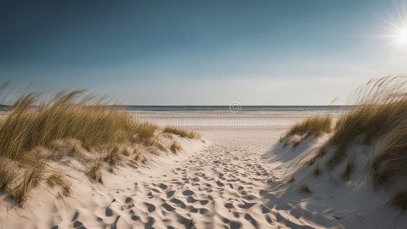 sand dunes on the beach sandy beach path with footprints and with grass and sand dunes ai generated