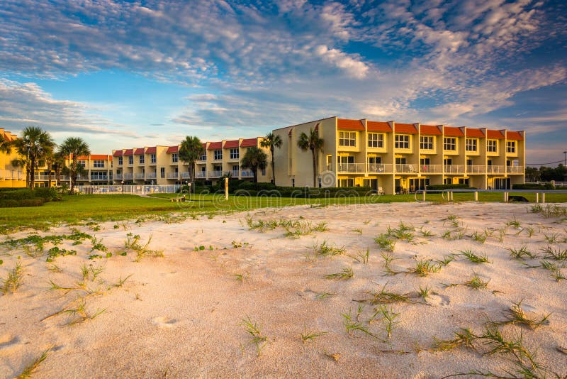 Sand dunes and beachfront hotel at St. Augustine Beach, Florida.