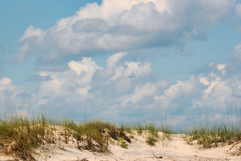 Sand dunes, sea oats and a beautiful sky.