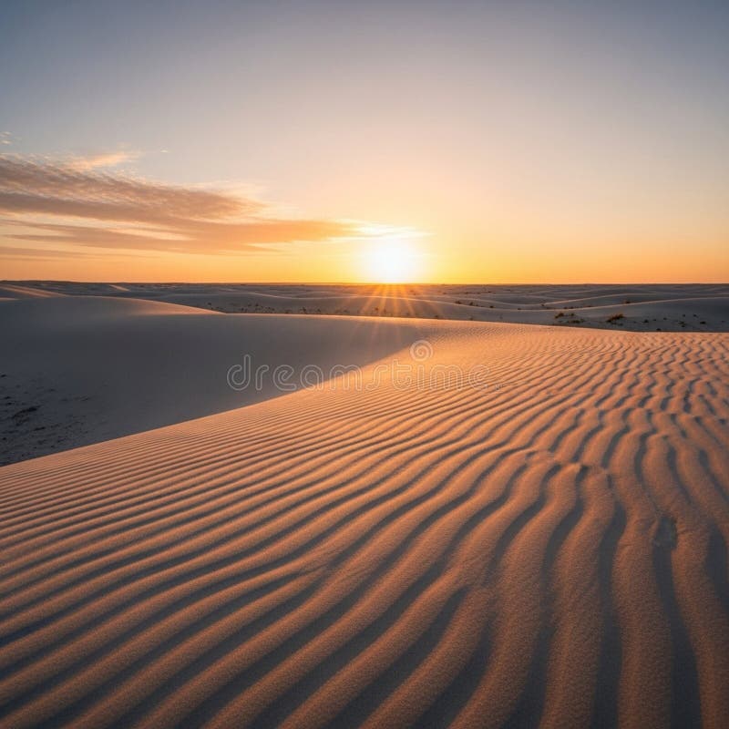 Sand dunes at sunset create a stunning landscape. The sun is low in the sky, casting golden light vector illustration