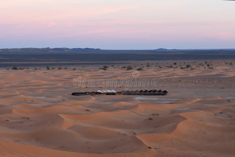 Sand dunes and tent camping in Western Sahara, Morocco royalty free stock image