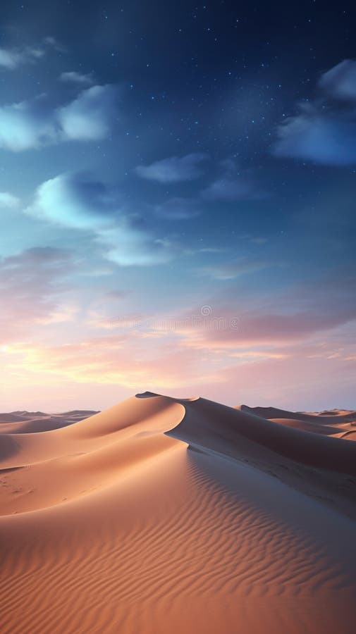Sand dunes under moon and star filled sky with clouds, night dramatic desert landscape vector illustration