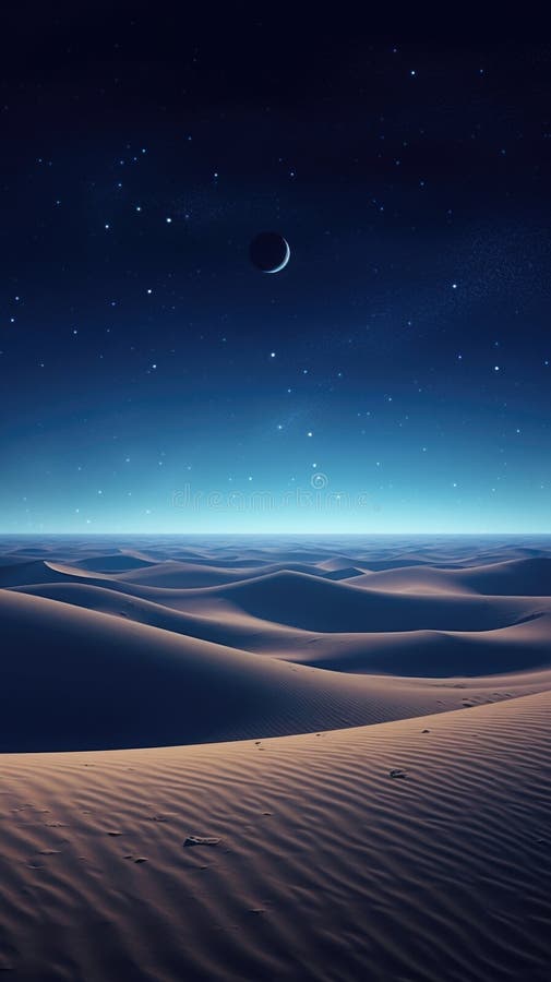 Sand dunes under moon and star filled sky with clouds, night dramatic desert landscape vector illustration