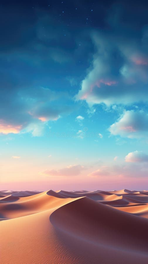 Sand dunes under moon and star filled sky with clouds, night dramatic desert landscape royalty free illustration