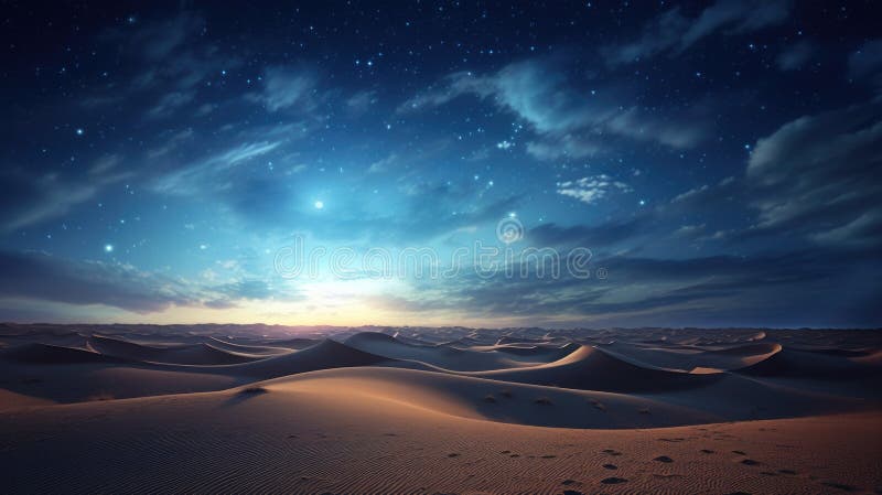 Sand dunes under moon and star filled sky with clouds, night dramatic desert landscape stock illustration