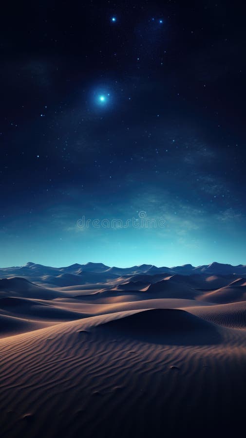 Sand dunes under moon and star filled sky with clouds, night dramatic desert landscape royalty free illustration