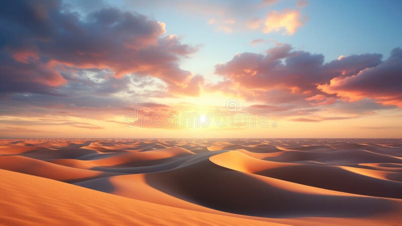 Sand dunes under sunset or sunrise glowing sky with clouds, dramatic desert landscape stock illustration