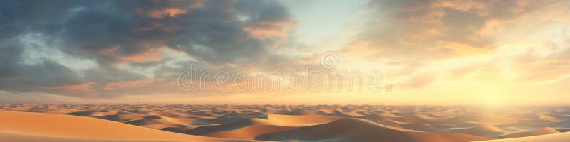 Sand dunes under sunset or sunrise glowing sky with clouds, dramatic desert landscape stock illustration