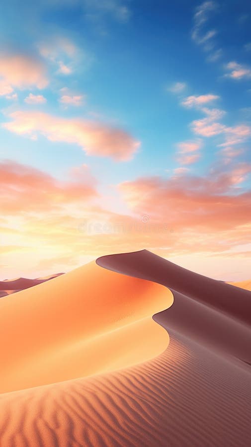 Sand dunes under sunset or sunrise glowing sky with clouds, dramatic desert landscape stock illustration