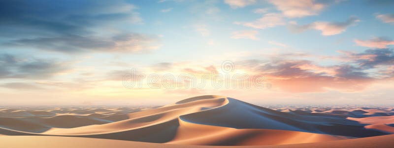 Sand dunes under sunset or sunrise glowing sky with clouds, dramatic desert landscape vector illustration