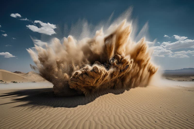 Sand Explosion in a Desert, with the Sand Flying Toward the Sky Stock