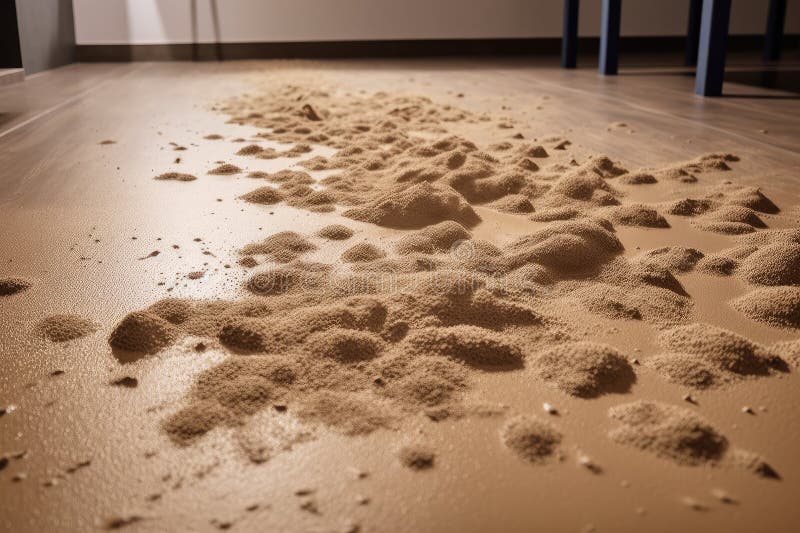 Sand Explosion Effect on Vinyl Floor, with Visible Footprints and Dust