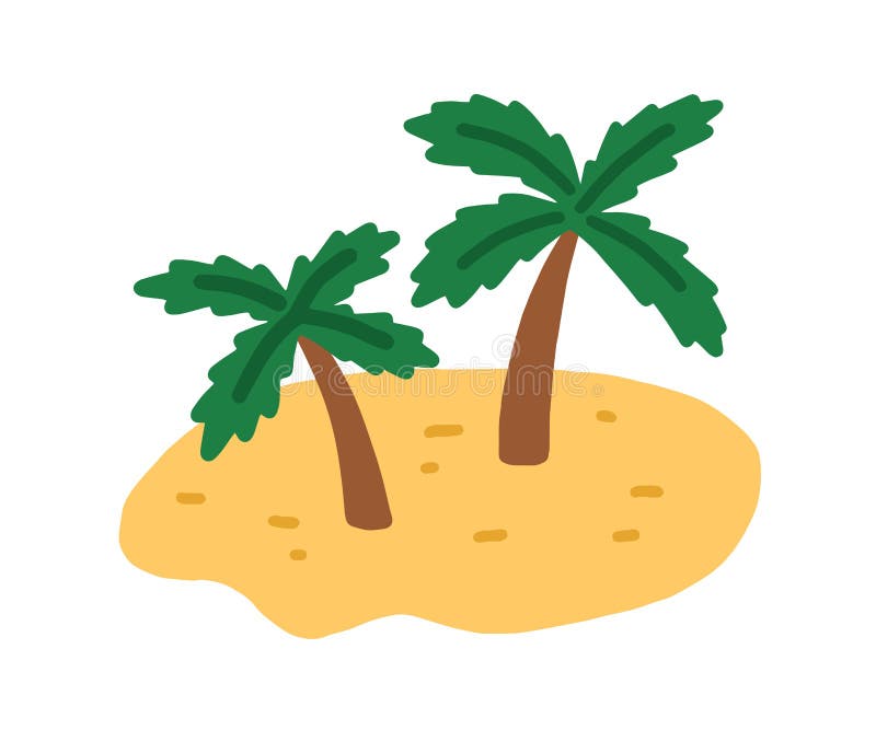 Sand island with palm trees. Tropical deserted uninhabited land with exotic plants and sandy beach in doodle style. Flat