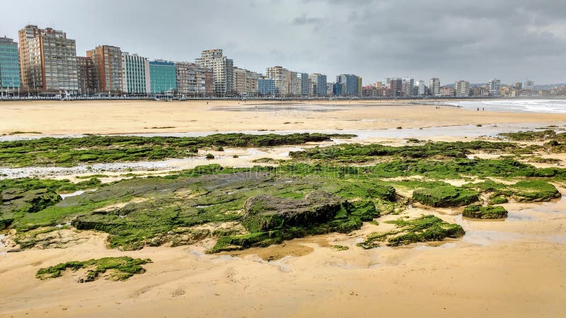 Sand and rocks in a empty beach with buildings in background. Sand and rocks in a empty beach with buildings in background