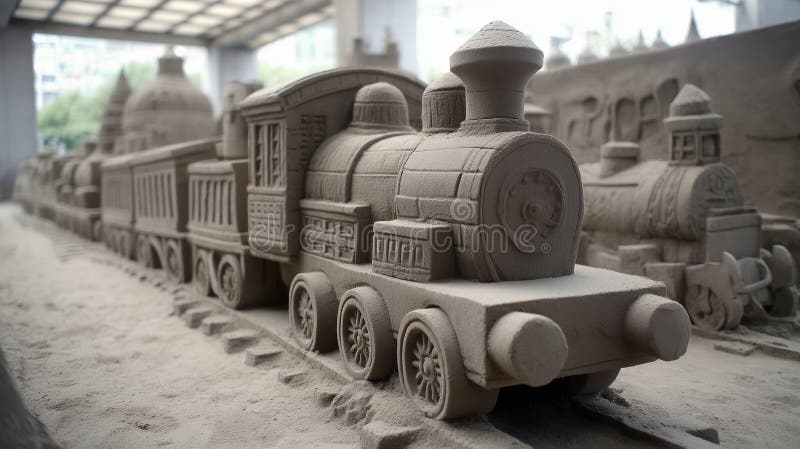 Sand sculpture train. creative railway art and transportation models in indoor museum exhibit stock illustration