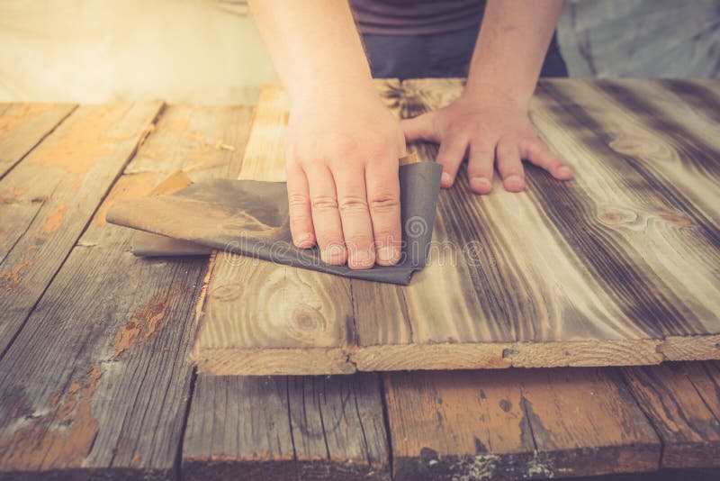Sandpaper Wood Treatment/type of Male Hands Processing Sandpaper Wood