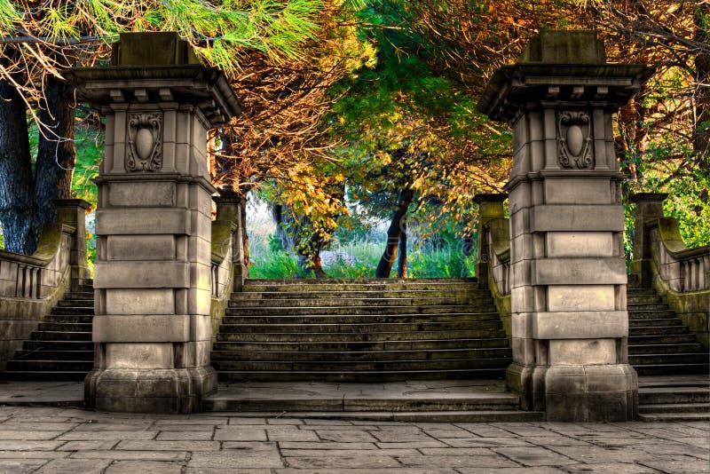 Elegant sandstone staircase entrance to park. Pillar column garden stock images, royalty-free photos and pictures