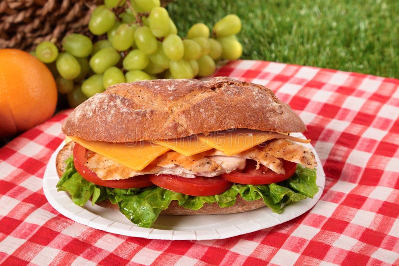 Sanduíche do baguette da salada de frango com cesta do piquenique foto de stock Sanduíche do baguette da salada de frango com cesta do piquenique foto de stock