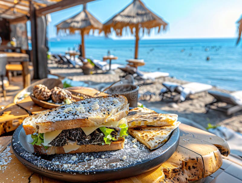 Sandvișul delicios cu trufă neagră și brânză de parmezan este servit pe o masă de lemn pe plajă vector illustration