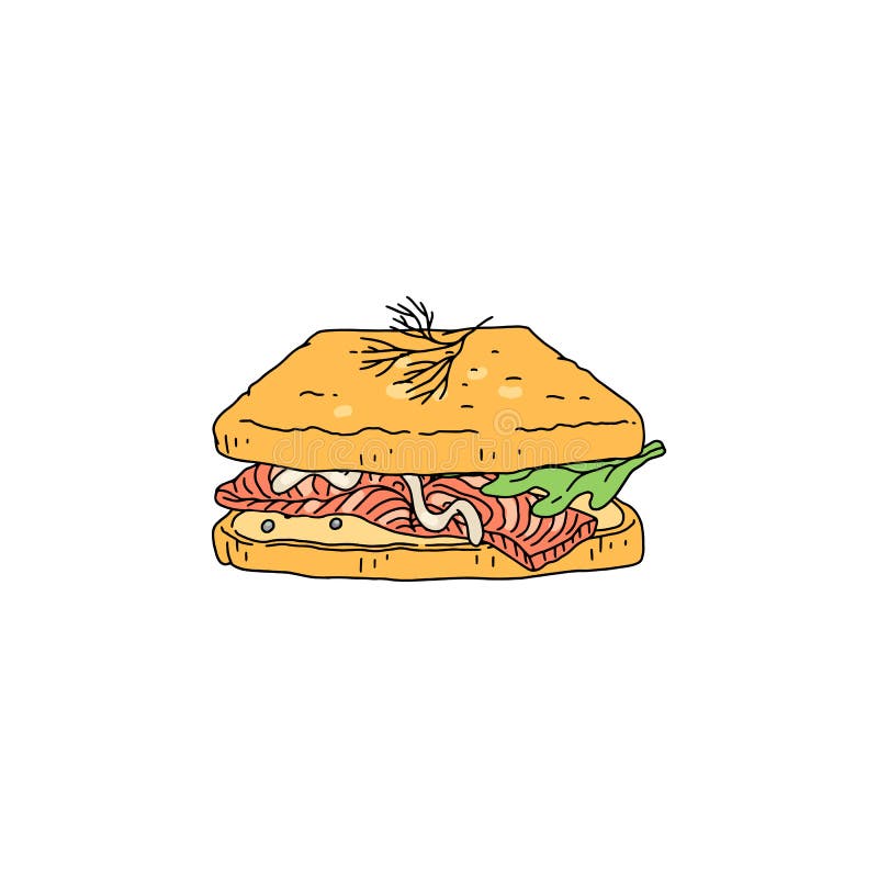 Sandwich with Bread and Salmon Fish, Hand Drawn Vector Illustration ...