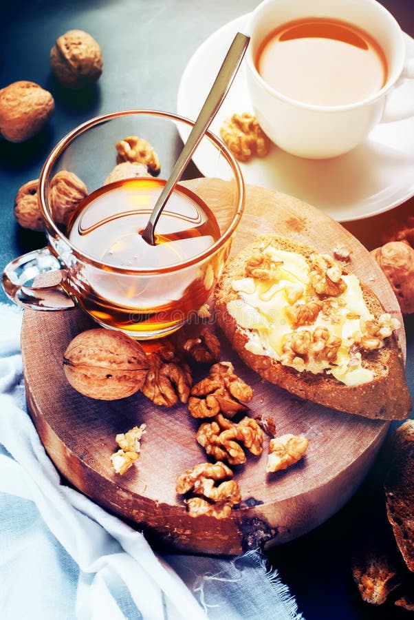 Sandwich Butter Walnuts Honey Chopping Board Toned Image Stock Photo