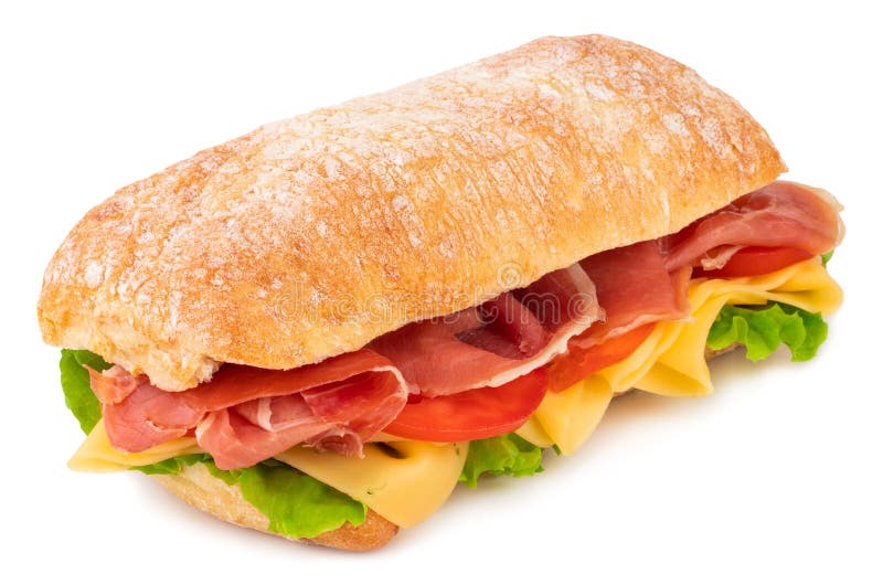 Sandwich ? ciabatta avec de la laitue, les tomates prosciutto et le fromage d'isolement sur le fond blanc photo libre de droits Sandwich ? ciabatta avec de la laitue, les tomates prosciutto et le fromage d'isolement sur le fond blanc photo libre de droits