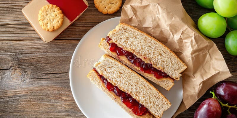 Sandwich con burro di arachidi e gelatina con uve fresche e biscotti royalty illustrazione gratis