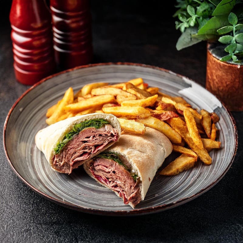 Sandwich cu carne și cartofi prăjiți royalty free illustration