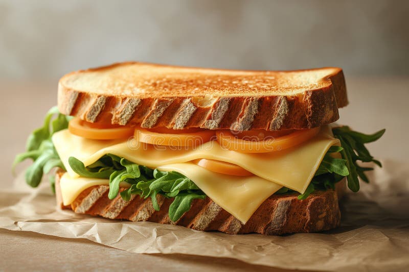 Sandwich de brânză la grătar cu straturi de cheddar topit și verde proaspăt pe hârtie rustică pergament vector illustration