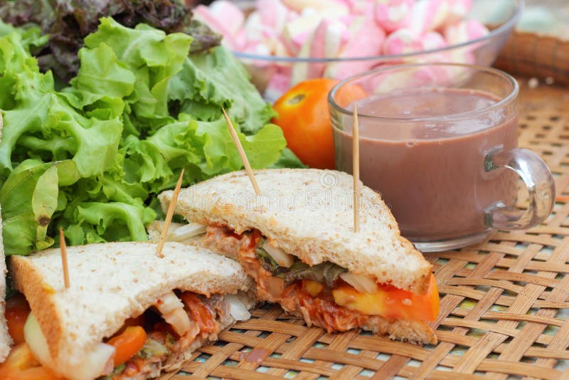 Sandwich der heißen Schokolade und rosa des Thunfischs der Eibische stockbild