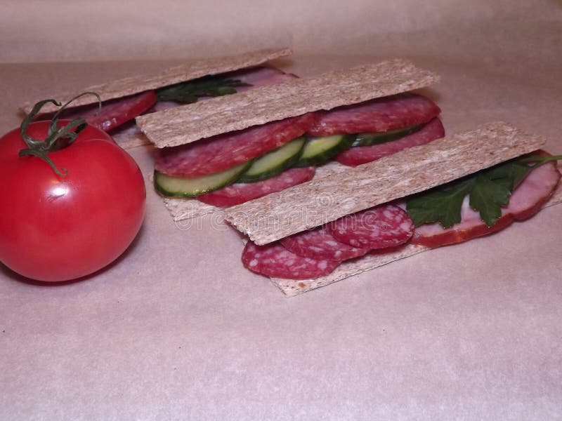 Sandwich with Different Types of Sausage and Vegetables, Quick Snack Stock Image Image of