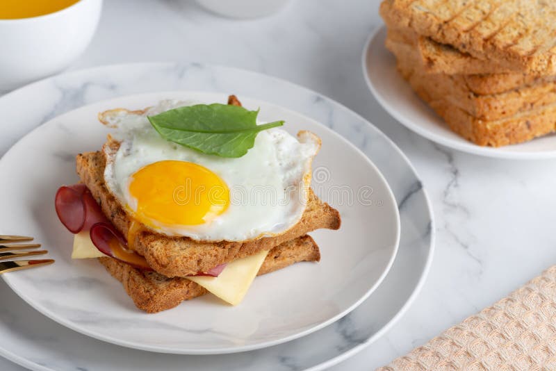 Sandwich with a Fried Egg, Bacon, Cheese and Spinach Stock Image