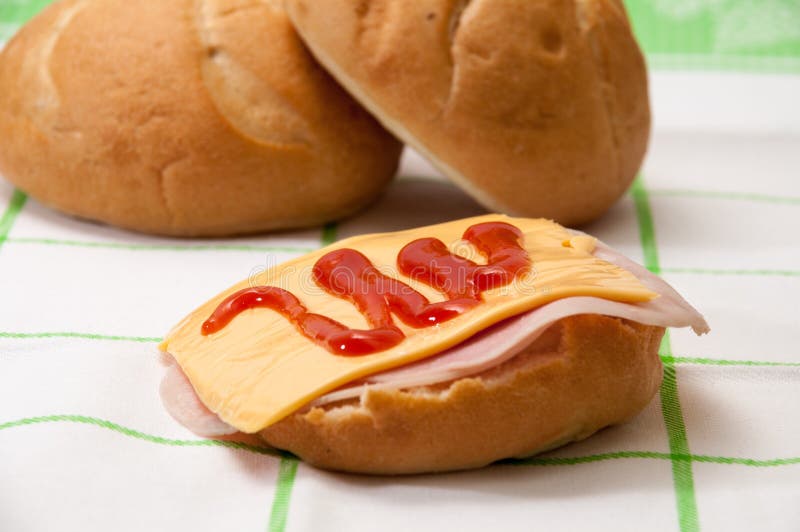 Ketchup Sandwich With Salami And Boiled Eggs On A Green Plate An Stock