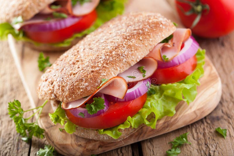 Sandwich with Ham Tomato and Lettuce Stock Image Image of rustic